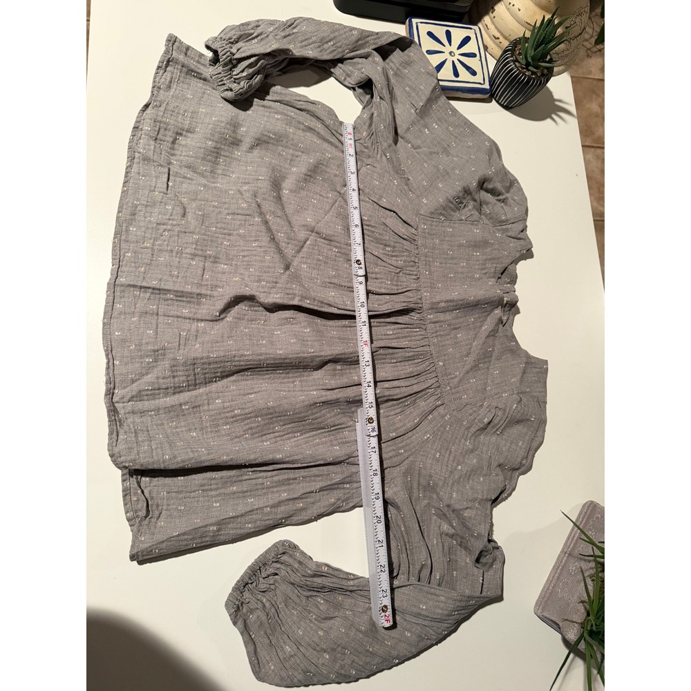 ANA a New‎ Approach Gray 100%Cotton Gauze Clip Dot Babydoll Blouse Long Sleeve